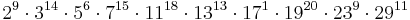  2^9\cdot 3^{14}\cdot 5^6\cdot 7^{15}\cdot 11^{18}\cdot 13^{13}\cdot 17^{1}\cdot 19^{20}\cdot 23^9\cdot 29^{11}