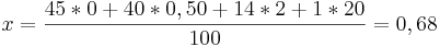 x=\frac{45*0+40*0,50+14*2+1*20}{100}=0,68