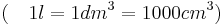 (\quad 1l=1dm^3=1000cm^3)