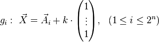 g_{i}: \ \vec{X}= \vec{A_{i}} + k \cdot \begin{pmatrix}1 \\ \vdots  \\1 \end{pmatrix} , \ \ (1\le i \le 2^{n})