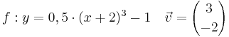 \quad f: y=0,5 \cdot (x+2)^3-1 \quad \vec{v}={3 \choose -2}